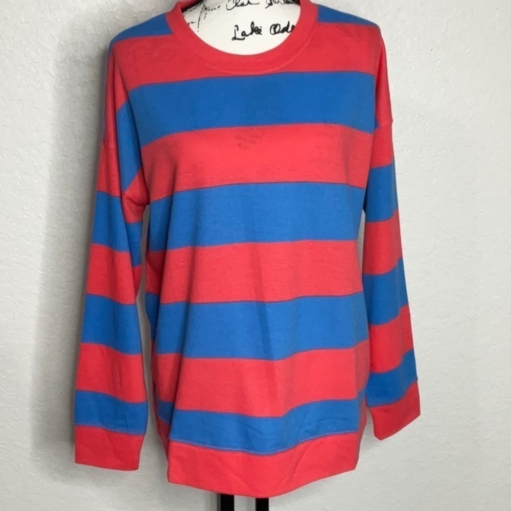 341- Style & Co. NWT Coral & Blue Striped Lightweight Sweatshirt, Size Large